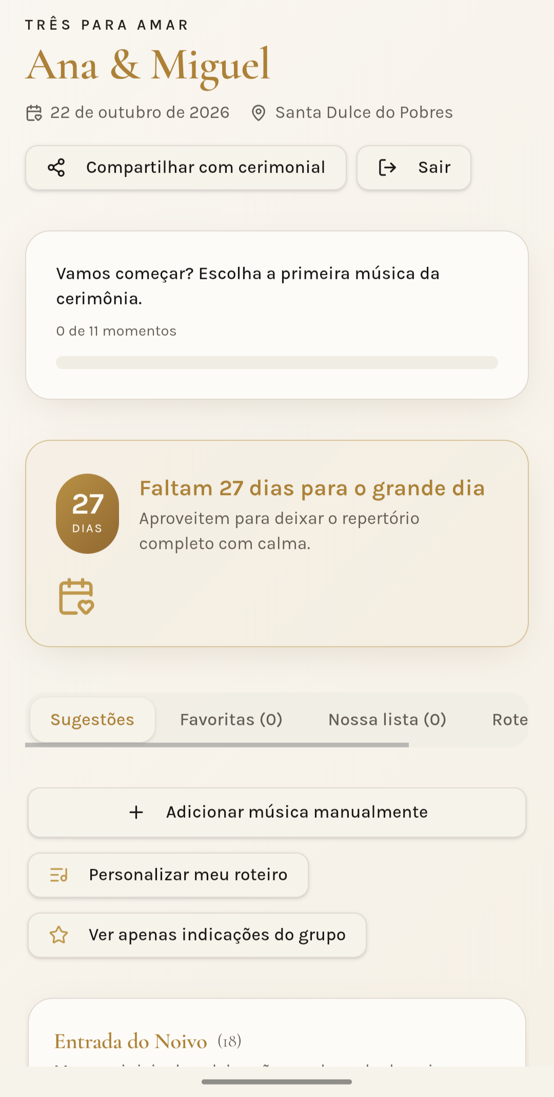 Tela inicial do aplicativo Três para Amar com contador regressivo e lista de momentos do matrimônio